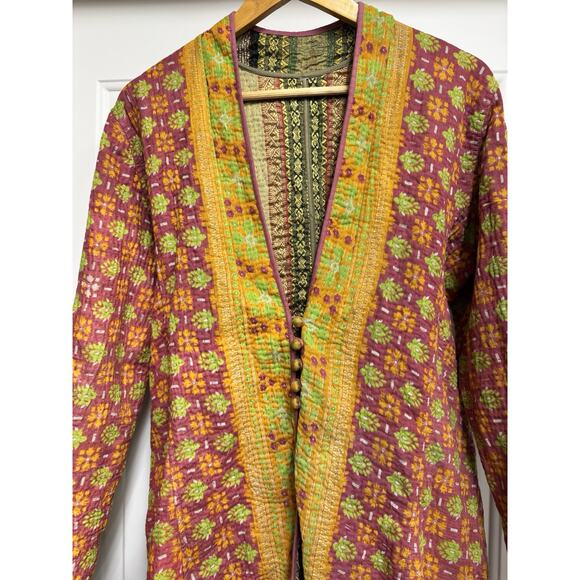 Silk Sari and Kantha Jacket High Low Hem Reversible Global Boho Patchwork Large - Picture 3 of 9